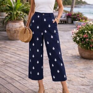 Ellie Tahari women Linen Blend Embroidery pant .Color;  Navy. Size: 6